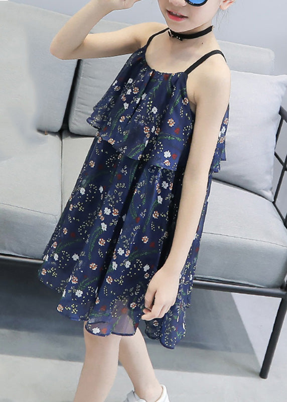 Unique Blue Print Wrinkled Girls Chiffon Slip Mid Sundress Sleeveless LY6451 - fabuloryshop