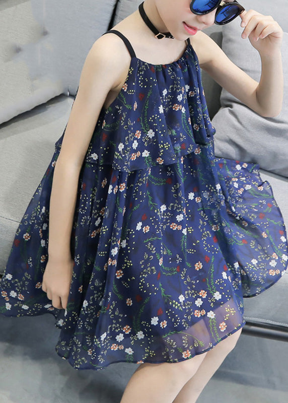 Unique Blue Print Wrinkled Girls Chiffon Slip Mid Sundress Sleeveless LY6451 - fabuloryshop