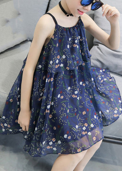 Unique Blue Print Wrinkled Girls Chiffon Slip Mid Sundress Sleeveless LY6451 - fabuloryshop