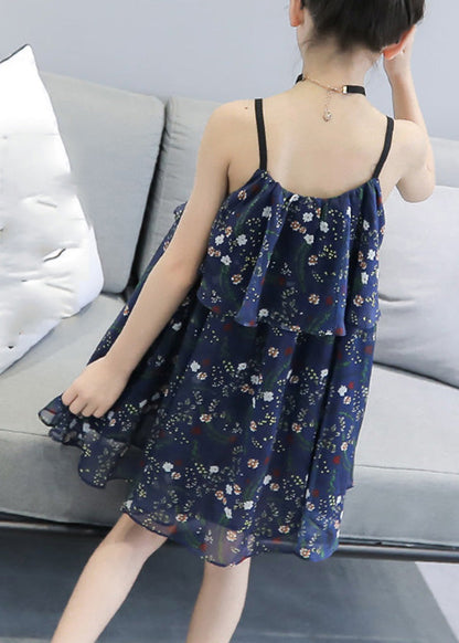 Unique Blue Print Wrinkled Girls Chiffon Slip Mid Sundress Sleeveless LY6451 - fabuloryshop