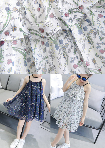 Unique Blue Print Wrinkled Girls Chiffon Slip Mid Sundress Sleeveless LY6451 - fabuloryshop