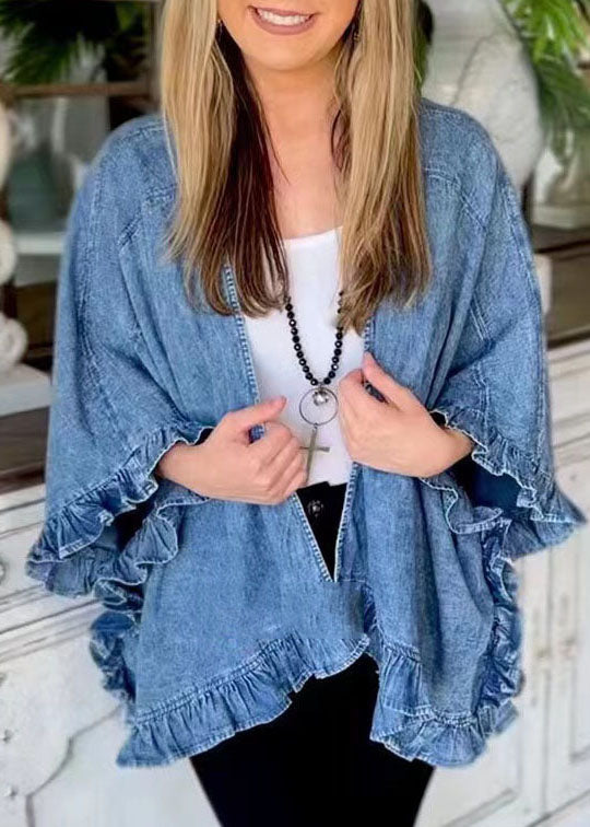 Unique Blue Ruffled Patchwork Denim Cardigans Coat Summer LY3942 - fabuloryshop