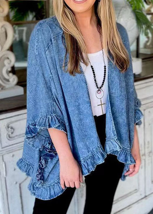 Unique Blue Ruffled Patchwork Denim Cardigans Coat Summer LY3942 - fabuloryshop