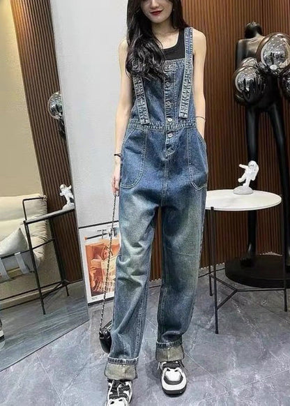 Unique Blue Slash Neck Patchwork Denim Straight Jumpsuit Summer LY5248 - fabuloryshop