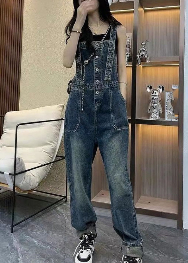 Unique Blue Slash Neck Patchwork Denim Straight Jumpsuit Summer LY5248 - fabuloryshop