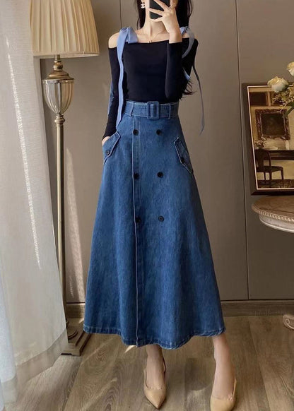 Unique Blue Slash Neck Patchwork Top And Denim Maxi Skirts Two Pieces Set Fall TY1031 - fabuloryshop