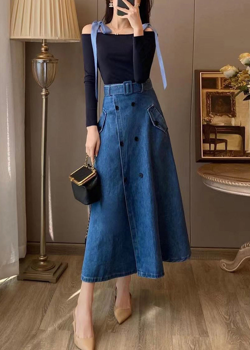 Unique Blue Slash Neck Patchwork Top And Denim Maxi Skirts Two Pieces Set Fall TY1031 - fabuloryshop