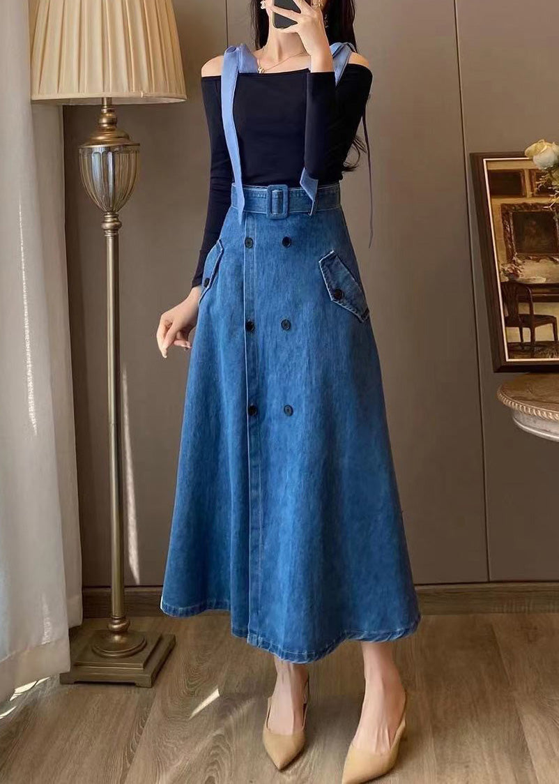 Unique Blue Slash Neck Patchwork Top And Denim Maxi Skirts Two Pieces Set Fall TY1031 - fabuloryshop