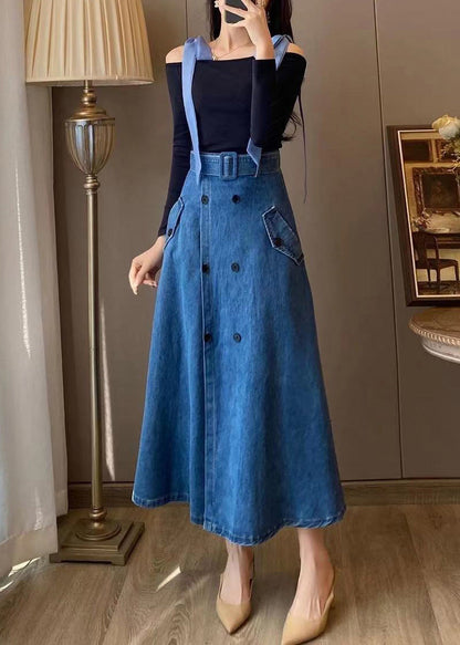 Unique Blue Slash Neck Patchwork Top And Denim Maxi Skirts Two Pieces Set Fall LY7932