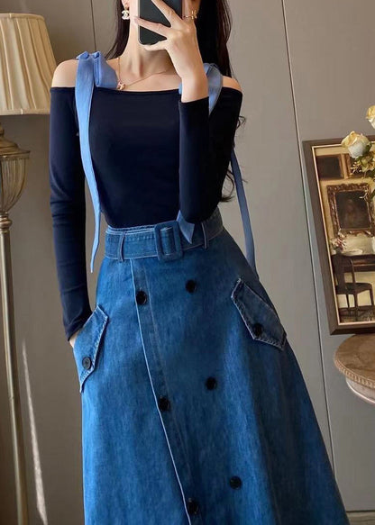 Unique Blue Slash Neck Patchwork Top And Denim Maxi Skirts Two Pieces Set Fall LY7932