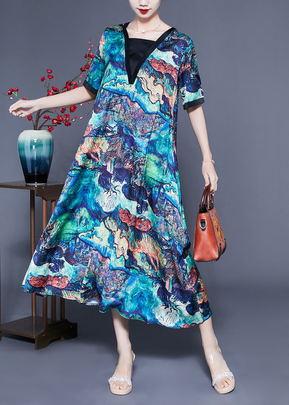 Unique Blue Square Collar Patchwork Tie Dye Silk Robe Dresses Summer LC0428 - fabuloryshop