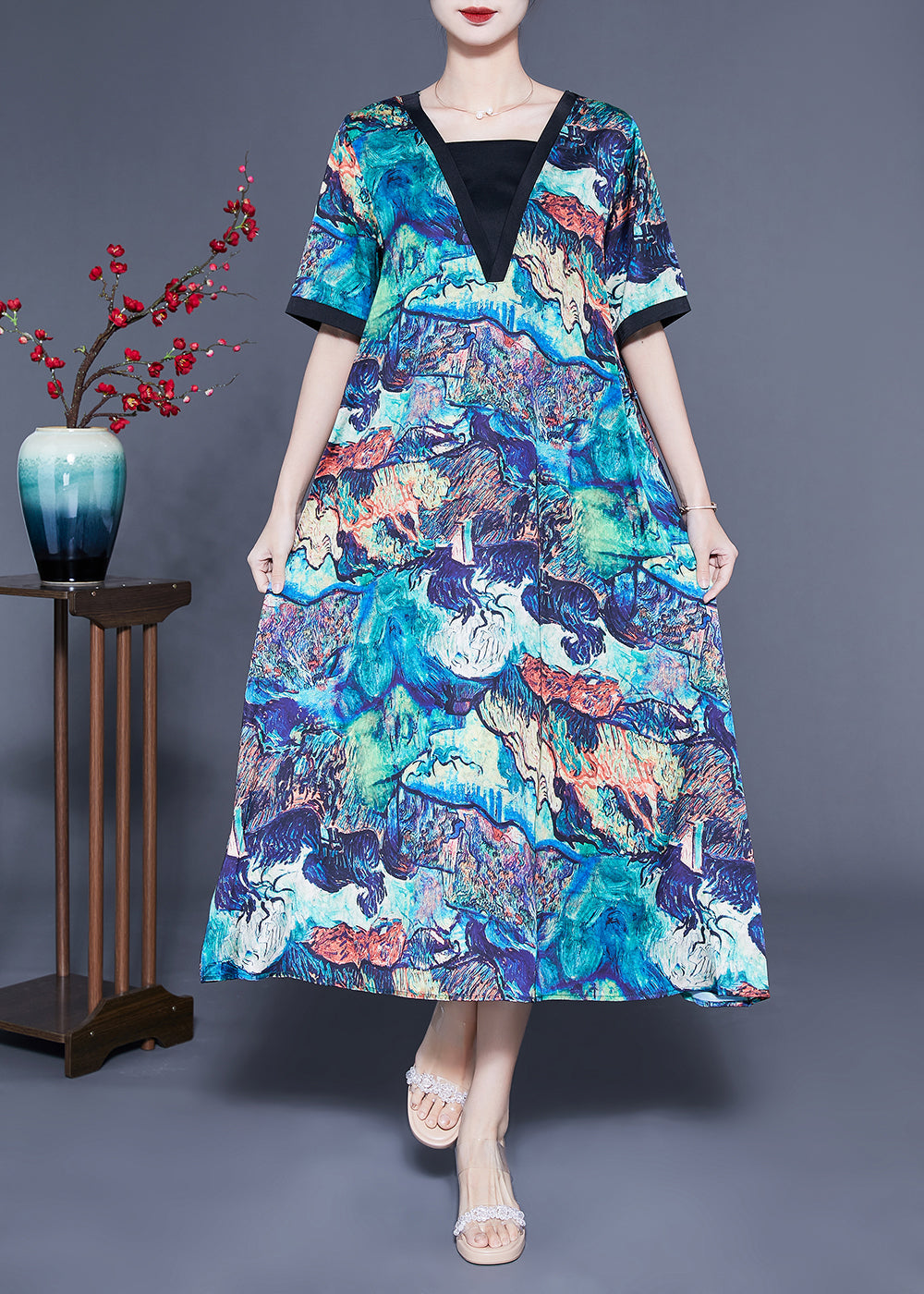 Unique Blue Square Collar Patchwork Tie Dye Silk Robe Dresses Summer LY1084 - fabuloryshop