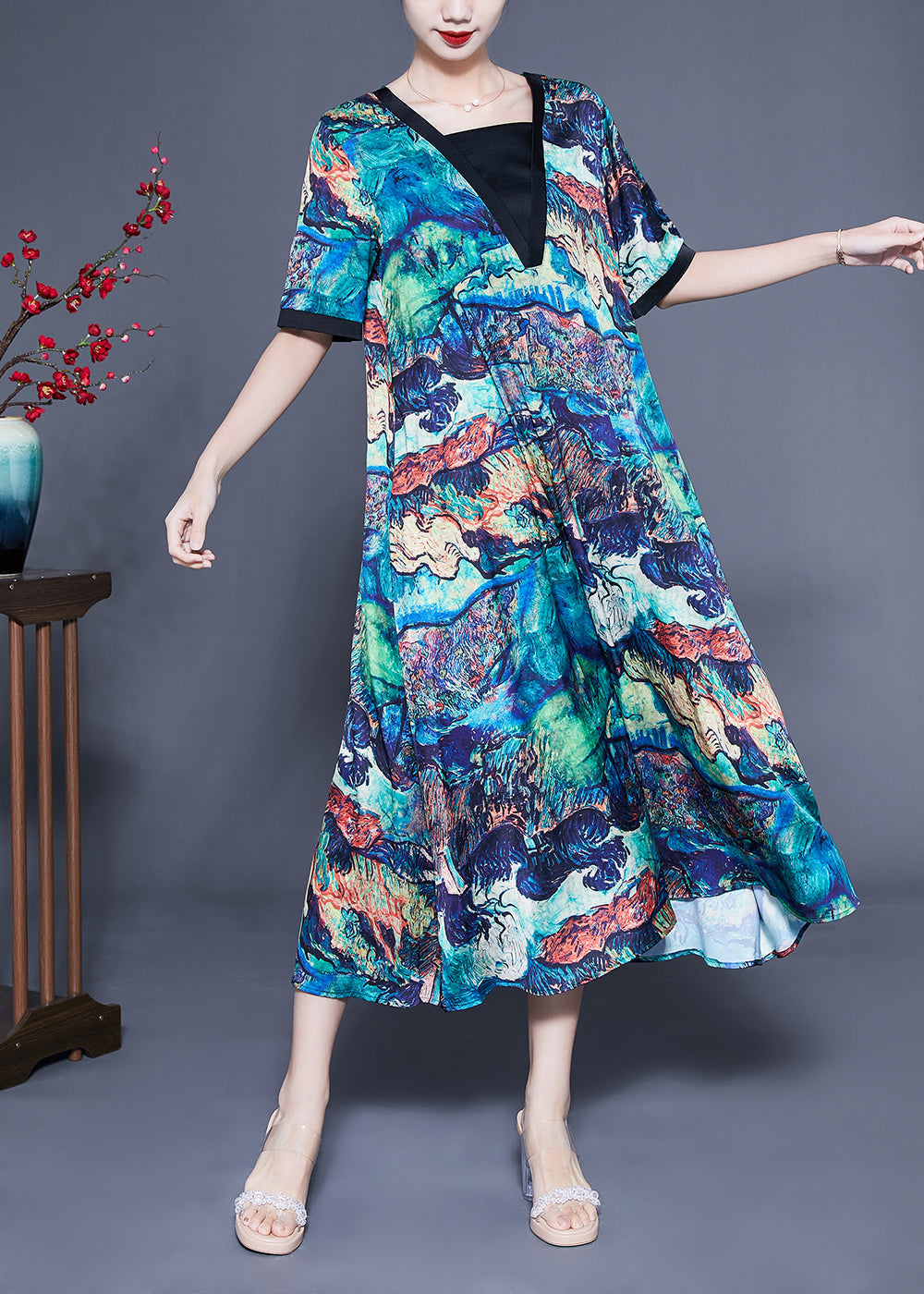 Unique Blue Square Collar Patchwork Tie Dye Silk Robe Dresses Summer LY1084 - fabuloryshop