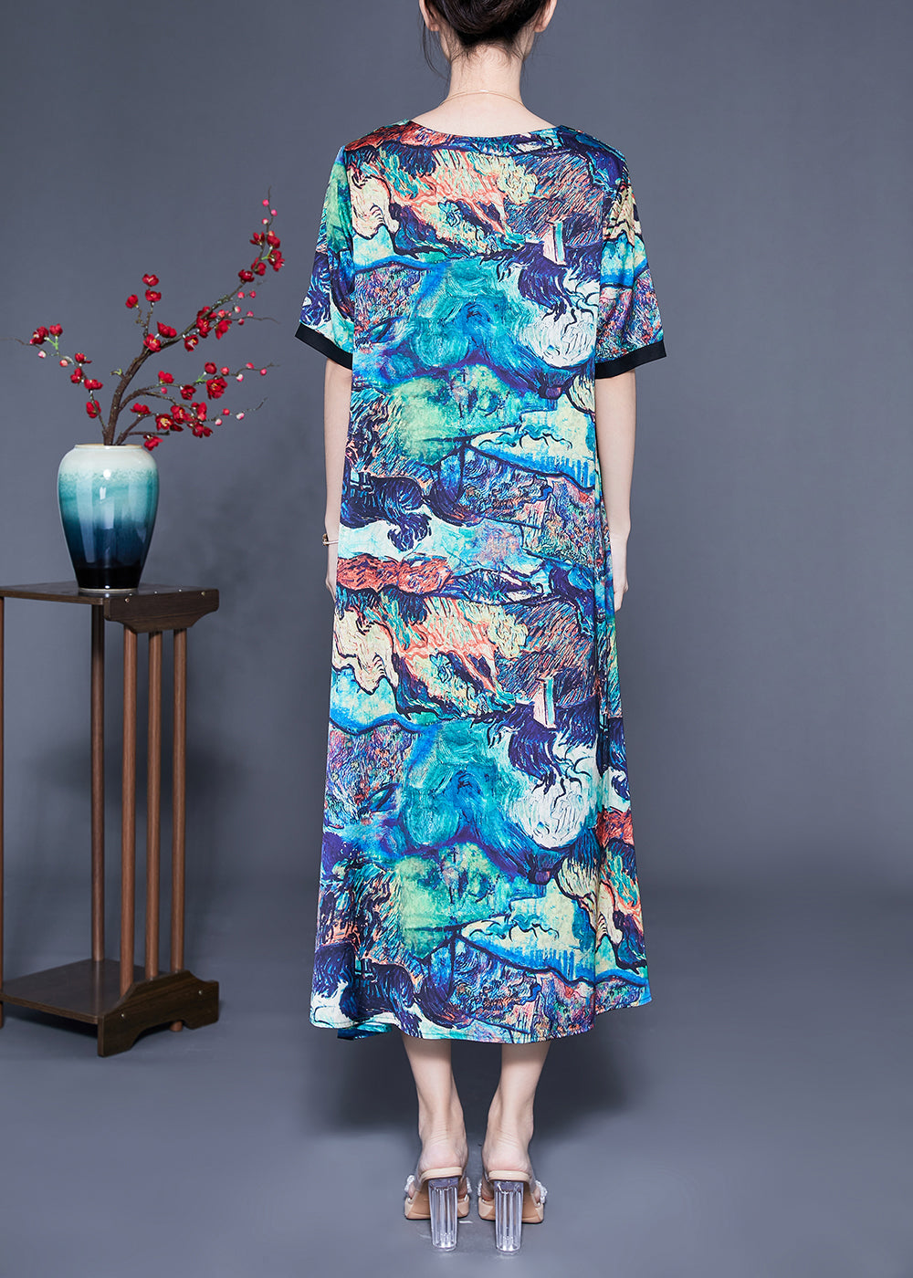 Unique Blue Square Collar Patchwork Tie Dye Silk Robe Dresses Summer LY1084 - fabuloryshop