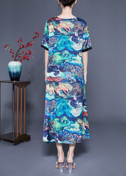 Unique Blue Square Collar Patchwork Tie Dye Silk Robe Dresses Summer LC0428 - fabuloryshop