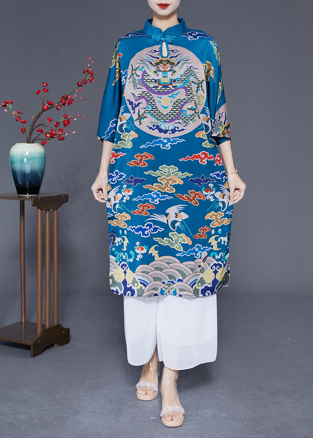 Unique Blue Stand Collar Side Open Silk Chinese Style Dress Half Sleeve LY1780 - fabuloryshop