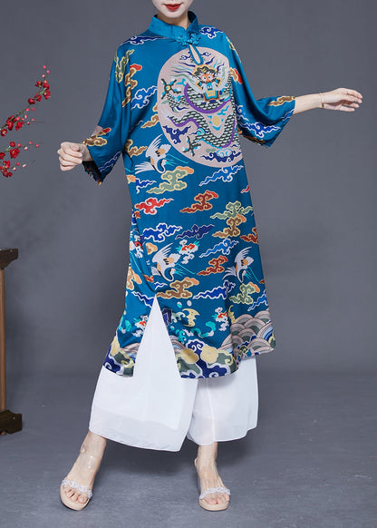 Unique Blue Stand Collar Side Open Silk Chinese Style Dress Half Sleeve LY1780 - fabuloryshop