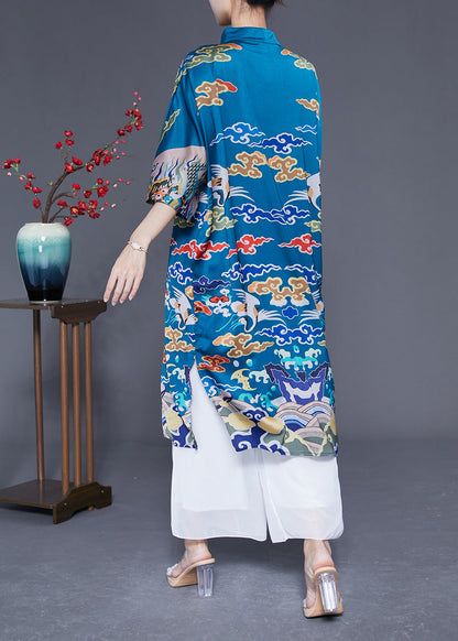 Unique Blue Stand Collar Side Open Silk Chinese Style Dress Half Sleeve LY1780 - fabuloryshop