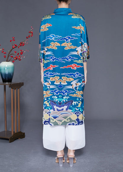 Unique Blue Stand Collar Side Open Silk Chinese Style Dress Half Sleeve LY1780 - fabuloryshop