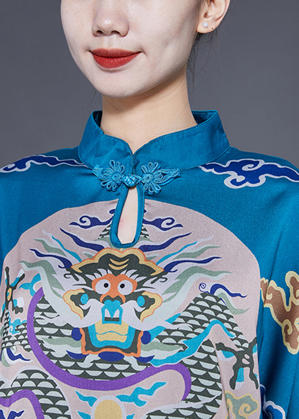 Unique Blue Stand Collar Side Open Silk Chinese Style Dress Half Sleeve LY1780 - fabuloryshop