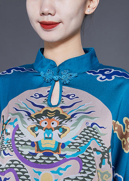 Unique Blue Stand Collar Side Open Silk Chinese Style Dress Half Sleeve LY1780 - fabuloryshop