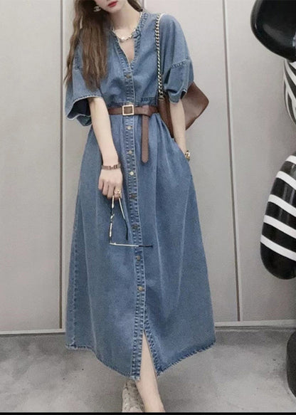 Unique Blue V Neck Patchwork Sashes Button Denim Long Dress Short Sleeve LY5244 - fabuloryshop