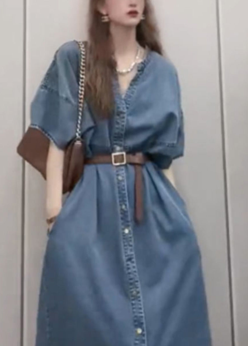 Unique Blue V Neck Patchwork Sashes Button Denim Long Dress Short Sleeve LY5244 - fabuloryshop