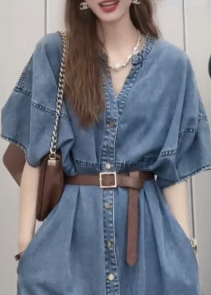 Unique Blue V Neck Patchwork Sashes Button Denim Long Dress Short Sleeve LY5244 - fabuloryshop