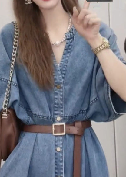 Unique Blue V Neck Patchwork Sashes Button Denim Long Dress Short Sleeve LY5244 - fabuloryshop