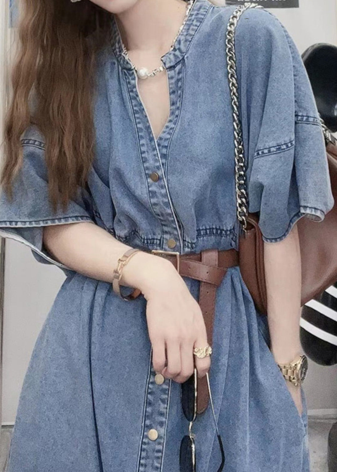 Unique Blue V Neck Patchwork Sashes Button Denim Long Dress Short Sleeve LY5244 - fabuloryshop