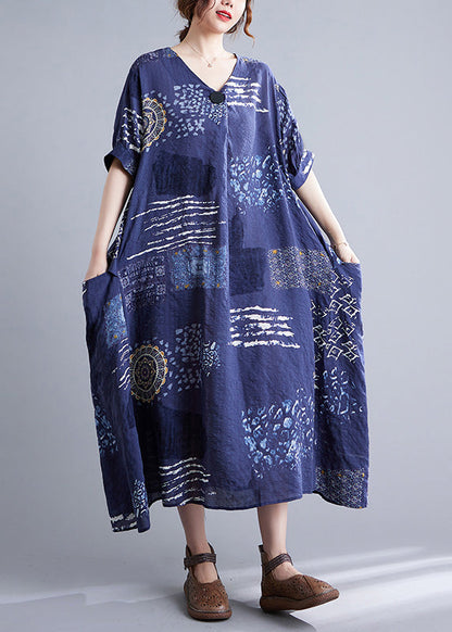 Unique Blue V Neck Print Maxi Dresses Short Sleeve Ada Fashion