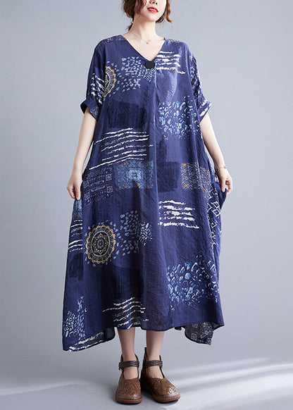 Unique Blue V Neck Print Maxi Dresses Short Sleeve Ada Fashion