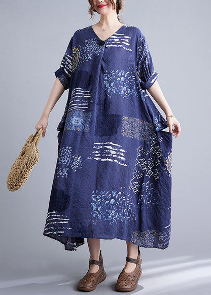 Unique Blue V Neck Print Maxi Dresses Short Sleeve Ada Fashion