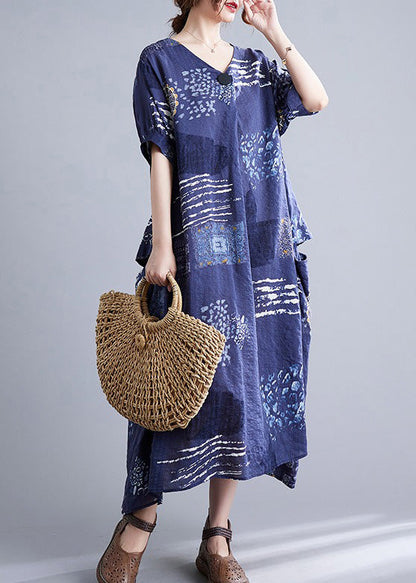 Unique Blue V Neck Print Maxi Dresses Short Sleeve Ada Fashion