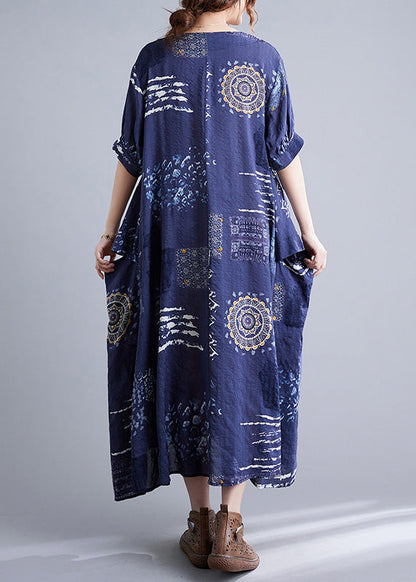 Unique Blue V Neck Print Maxi Dresses Short Sleeve Ada Fashion