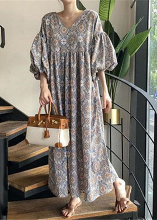 Unique Blue V Neck Print Wrinkled Cotton Dress Lantern Sleeve LY2609 - fabuloryshop