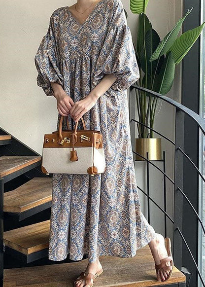 Unique Blue V Neck Print Wrinkled Cotton Dress Lantern Sleeve LY2609 - fabuloryshop