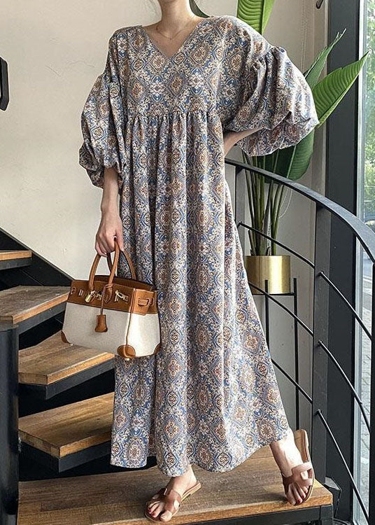 Unique Blue V Neck Print Wrinkled Cotton Dress Lantern Sleeve LY2609 - fabuloryshop