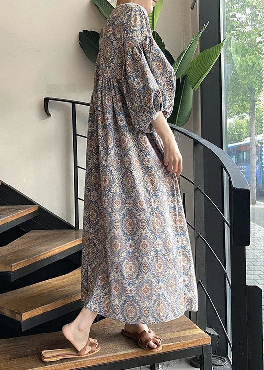 Unique Blue V Neck Print Wrinkled Cotton Dress Lantern Sleeve LY2609 - fabuloryshop