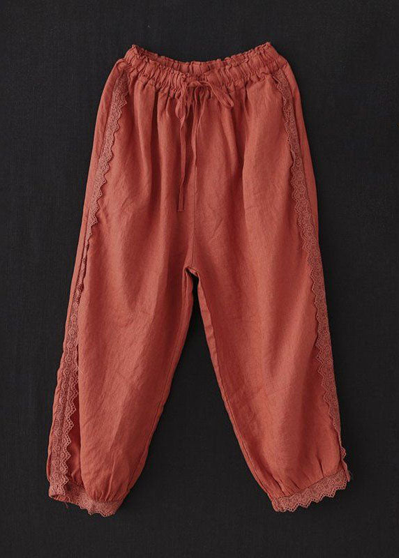 Unique Brick Red Lace Patchwork Linen Crop Pants Summer LY0204 - fabuloryshop