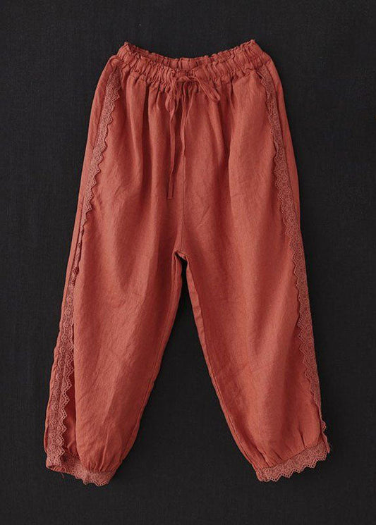 Unique Brick Red Lace Patchwork Linen Crop Pants Summer LY0204 - fabuloryshop