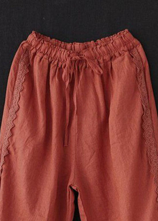 Unique Brick Red Lace Patchwork Linen Crop Pants Summer LY0204 - fabuloryshop