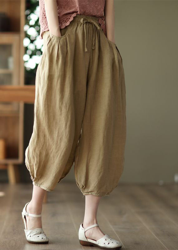 Unique Brown Pockets Patchwork Linen Crop Pants Summer LY0209 - fabuloryshop