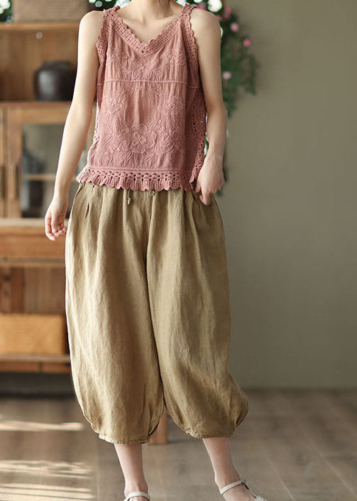 Unique Brown Pockets Patchwork Linen Crop Pants Summer LY0209 - fabuloryshop