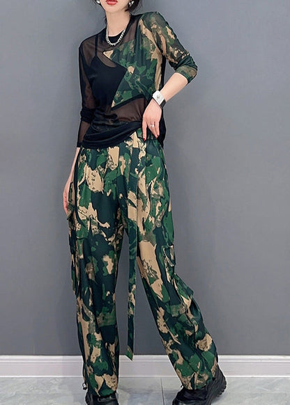 Unique Camouflage Print Tulle Patchwork Top And Pants Two Pieces Set Spring LC0303 - fabuloryshop