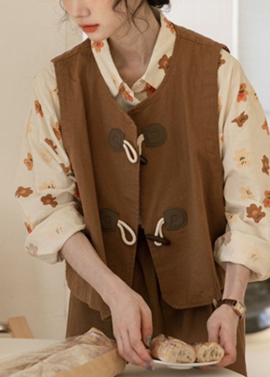 Unique Caramel O-Neck Patchwork Button Waistcoat Fall Ada Fashion