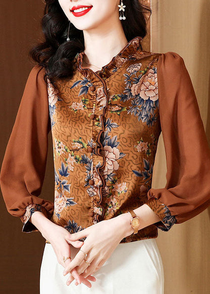 Unique Chocolate Ruffled Patchwork Print Silk Blouses Spring LC0279 - fabuloryshop