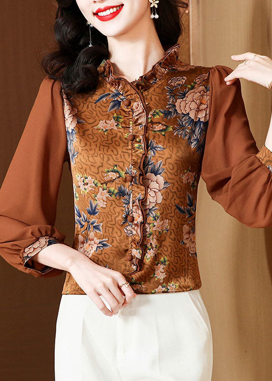 Unique Chocolate Ruffled Patchwork Print Silk Blouses Spring LC0279 - fabuloryshop