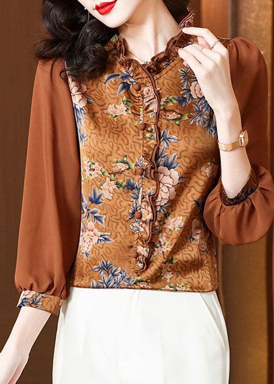 Unique Chocolate Ruffled Patchwork Print Silk Blouses Spring LC0279 - fabuloryshop