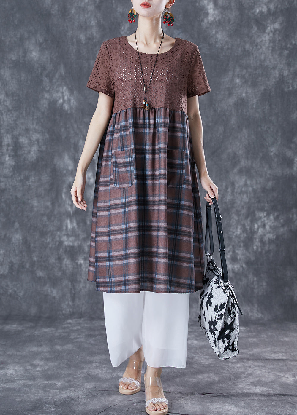 Unique Coffee Hollow Out Patchwork Plaid Cotton Dresses Summer TA1044 - fabuloryshop